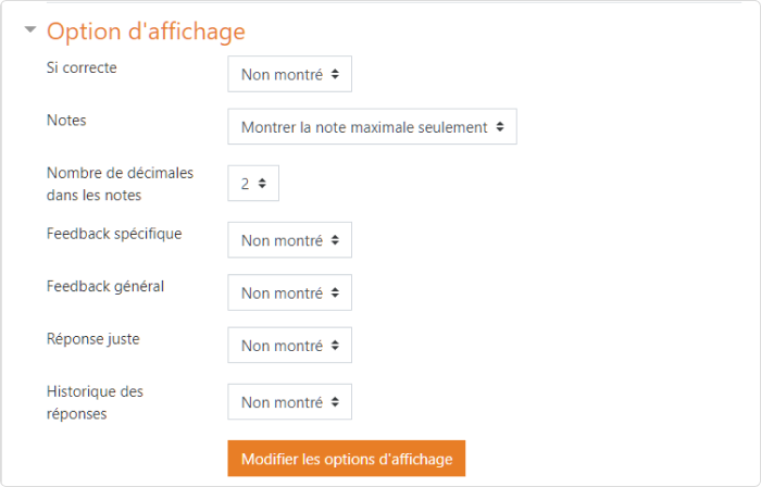 La liste des paramètres supplémentaires des quiz dans Moodle™