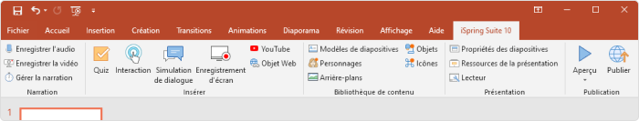 Onglet de l'outil de création iSpring Suite dans PowerPoint