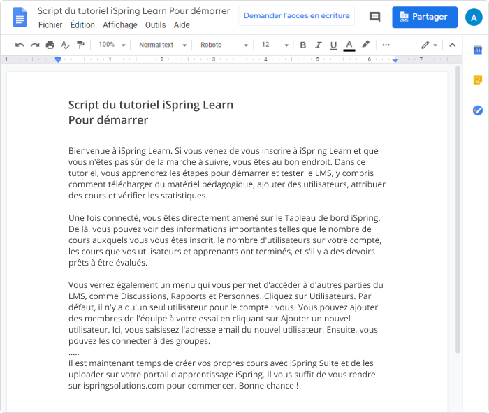 Exemple de script d'un tutoriel vidéo sur iSpring