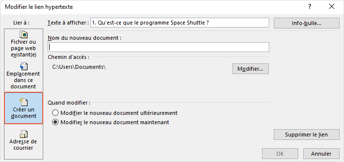 Créer un document dans la fenêtre Insérer un lien