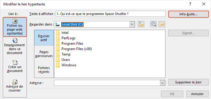 Le bouton Info-bulle dans la fenêtre Modifier un lien hypertexte
