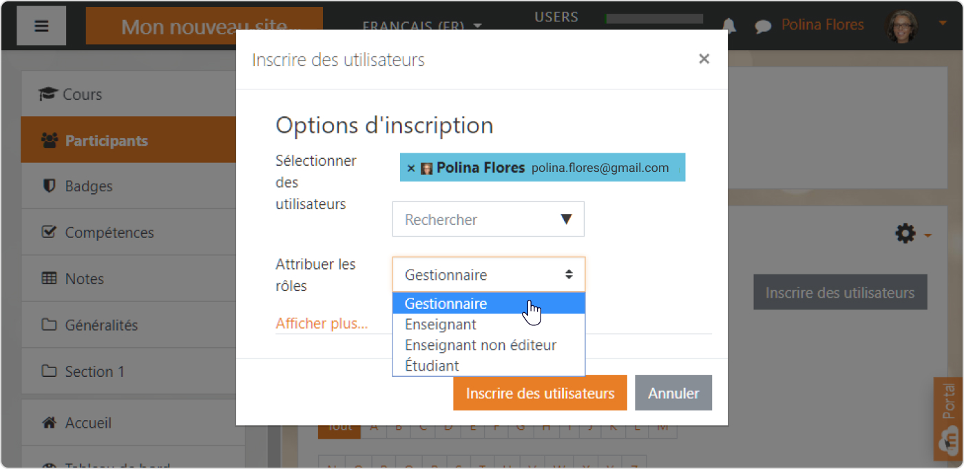 Options d'inscription du test Moodle™