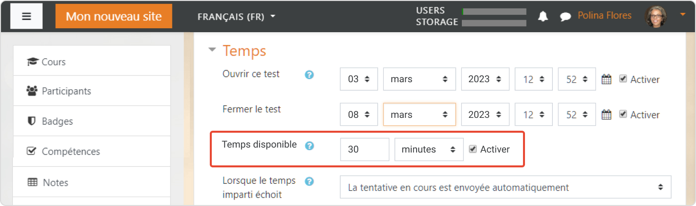 Limites de temps dans Moodle™