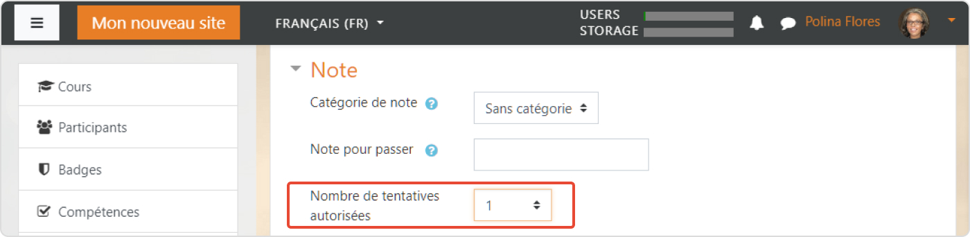 Nombre de tentatives pour un quiz Moodle™