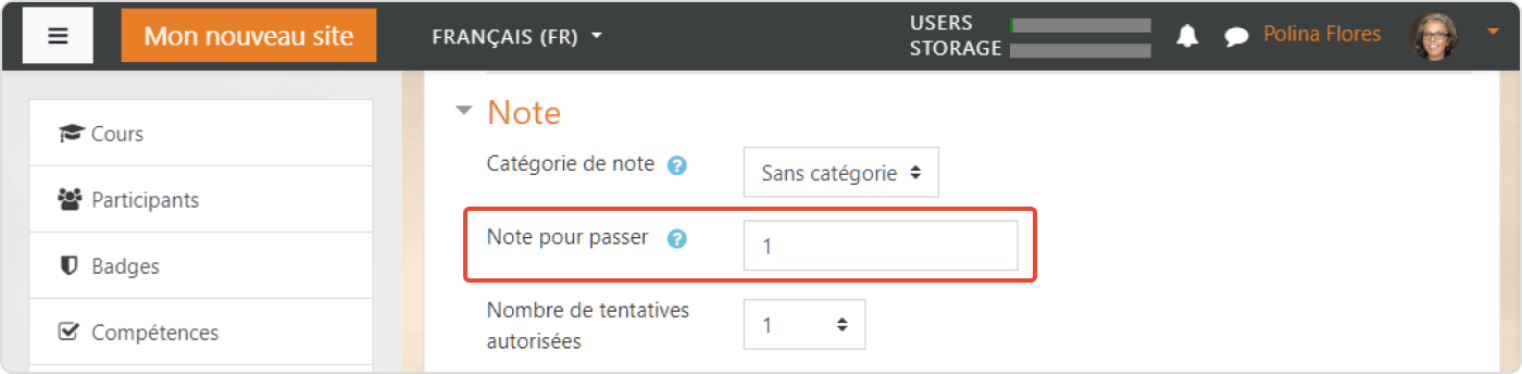 Note de passage d’un test Moodle™