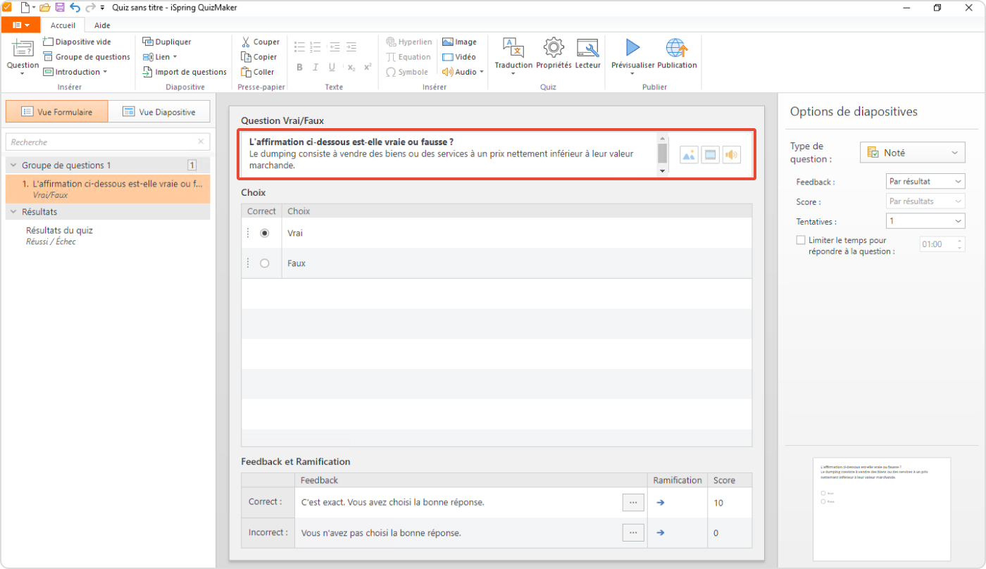 Question Vrai/Faux dans iSpring Suite