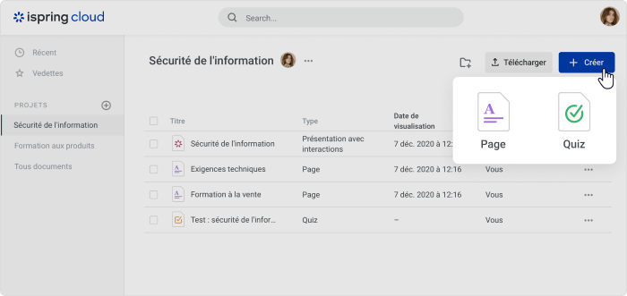 Des cours et des quiz dans iSpring Cloud