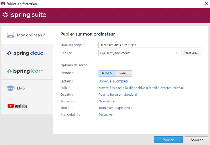 Publication d'un projet vidéo avec iSpring Suite