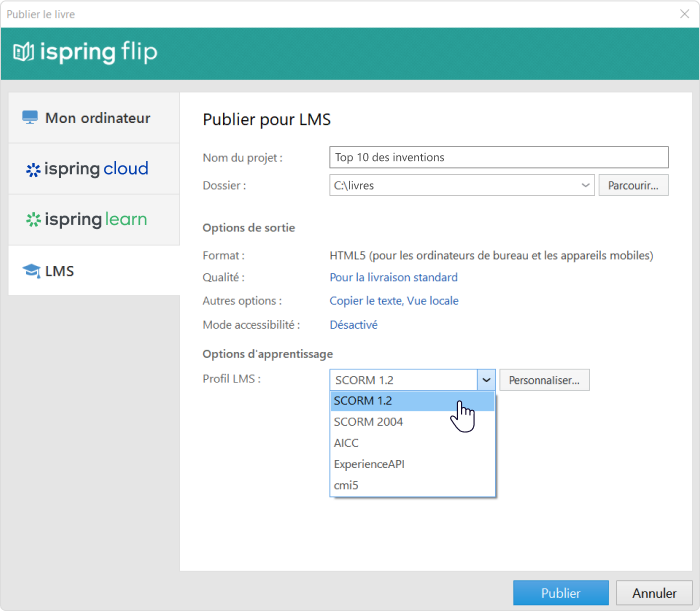 Options de cours d'apprentissage - iSpring Suite