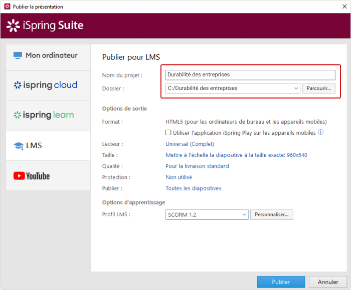 Options de publication d’iSpring