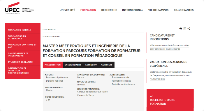 Master MEEF Pratiques et Ingénierie de la Formation parcours Ingénierie de Formation de l’Université Paris-Est Créteil