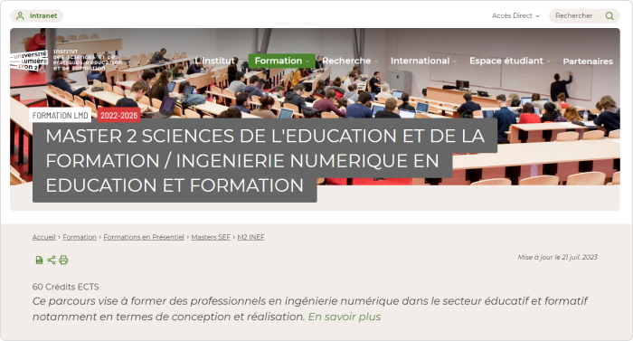 Master 2 Ingénierie Numérique en Éducation et Formation de l’Université Lumière Lyon 2