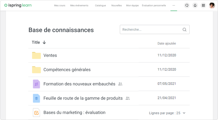 La base de connaissances de la platforme d'onboarding RH iSpring Learn